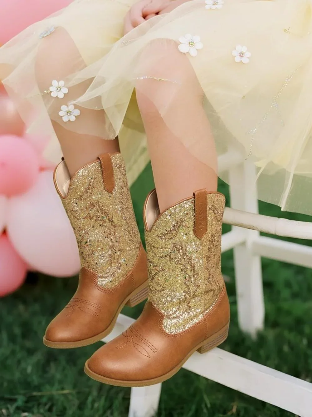 Dream Pairs Girls/Brown Gold  Embroidered Cowgirl Stylish Girls Mid Calf Shoes